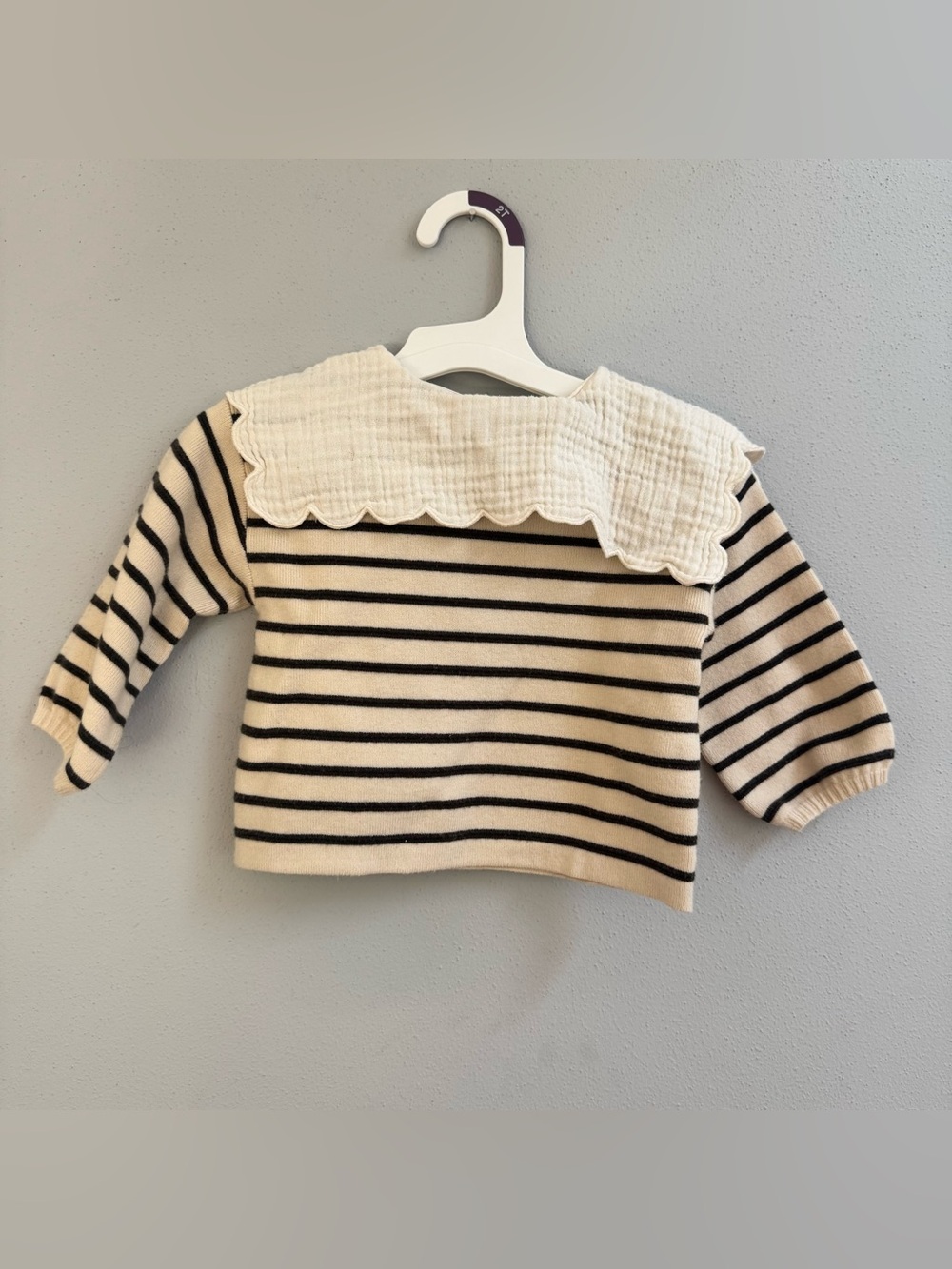 Zara Baby Striped Knit Sweater Muslin Scalloped Collar Cream Black 9-12 Months